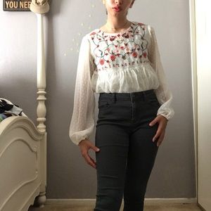 Puffed sleeve embroidered top